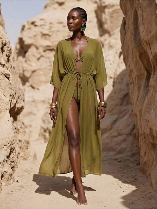 SHEIN Other - Olive Green Chiffon Maxi kimono Swim Cover Up S Resort Beach vacation flowy
